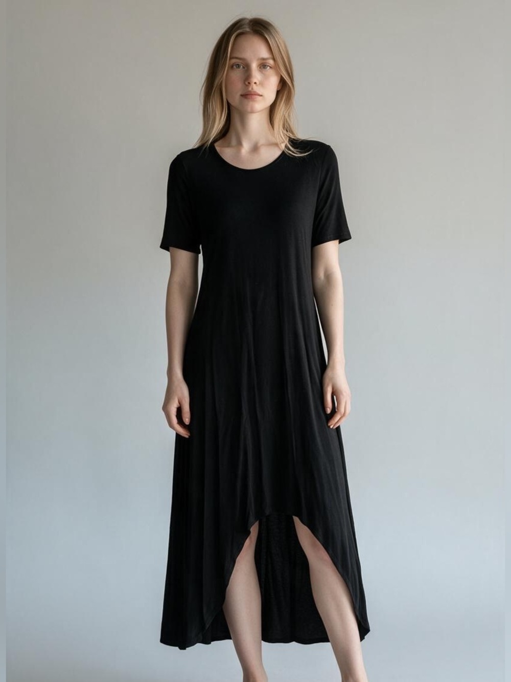 Halston Black High Low Maxi Dress S/P Short Sleeve Tulip Hem